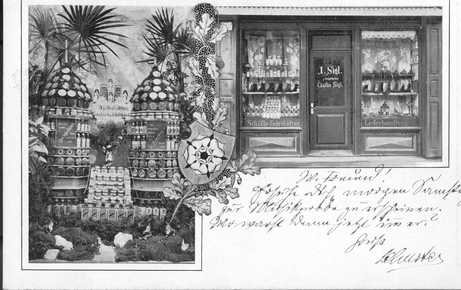 502568813_23902984139321240_2544563705550557028_n Postkarte mit der Fassade des Rosenheimer Geschäfts I.Sigl in Rosenheim. Foto: Archiv Herbert Borrmann