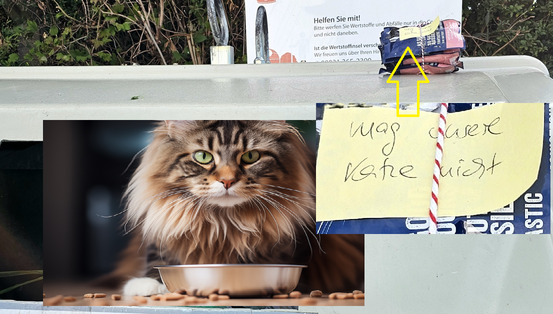 Katzen Fressen haupt Katzenfutterpäckchen auf Müllcontainer. Eingbllockt Symbolfoto ai -Katze mit Futternapf.