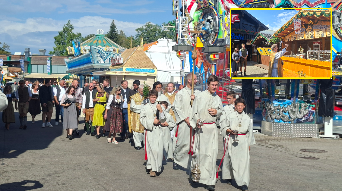Weihe haupt ahpat Kirchlicher Segen für die neue Imbissbude "Würstl Prinz" auf dem Rosenheimer Herbstfest. Foto: Karin Wunsam