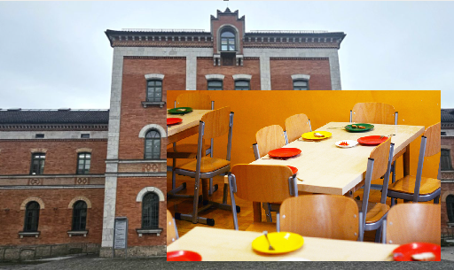 Schulessen Hintergrund: Rosenheimer Rathaus, eingeblockt Klassenzimmer, auf den Tischen Teller. Fotomontage: re